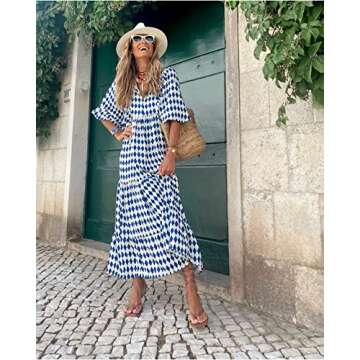 miduo Womens Casual Spring Summer V Neck Short Half Sleeve Bohemian Beach Geometric Pattern Maxi Long Dresses Prom Blue M
