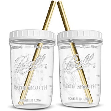 Reusable Wide Mouth Smoothie Cups for Boba Tea/Bubble Tea with Lids and Gold Straws, Mason Jars Glas...