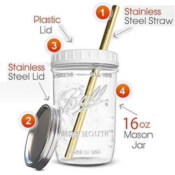 Reusable Wide Mouth Smoothie Cups for Boba Tea/Bubble Tea with Lids and Gold Straws, Mason Jars Glass Cups (2-pack, 16 oz) Brand Capsule Classic