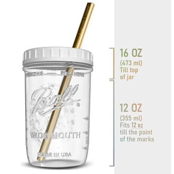 Reusable Wide Mouth Smoothie Cups for Boba Tea/Bubble Tea with Lids and Gold Straws, Mason Jars Glass Cups (2-pack, 16 oz) Brand Capsule Classic