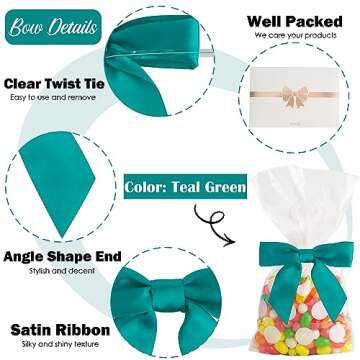 AIMUDI Twist Tie Bows for Treat Bags 3.5" Teal Green Satin Ribbon Bows for Crafts Premade Bows with Twist Ties for Christmas Cake Pop Candy Apple Small Bows for Gift Wrapping Wedding Decor, 50 PCs