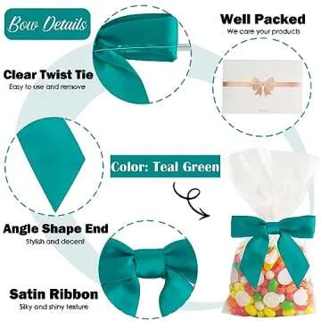 AIMUDI Twist Tie Bows for Treat Bags 3.5" Teal Green Satin Ribbon Bows for Crafts Premade Bows with Twist Ties for Christmas Cake Pop Candy Apple Small Bows for Gift Wrapping Wedding Decor, 50 PCs