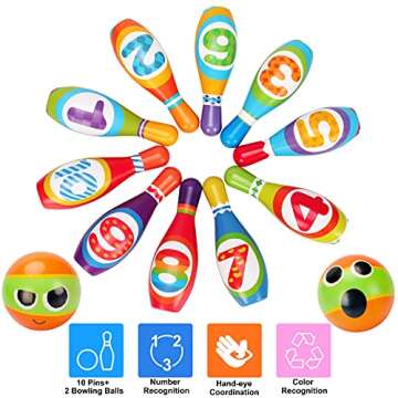 Kids Bowling Set Indoor Bowling for Kids 2-5, Soft 10 Indoor Colorful Foam Pins 2 Bowling Ball Print...