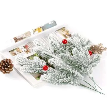 Sggvecsy 30 Pcs Snow Frosted Artificial Pine Branches Christmas Snowy Pine Needles Fake Greenery Pine Spray Picks for DIY Crafts Garland Wreath Xmas Embellishing Home Holiday Decoration