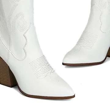 DREAM PAIRS Cowboy Boots For Women, Comfortable Pull On Zipper Chunky Heel Pointed Toe Embroidered Western Cowgirl Knee High Boots,Size 7,WHITE,SDKB2302W