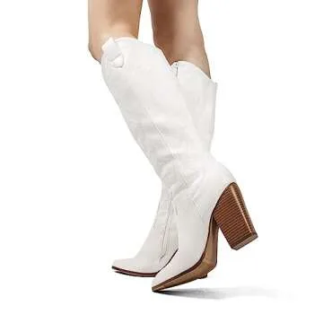 DREAM PAIRS Cowboy Boots For Women, Comfortable Pull On Zipper Chunky Heel Pointed Toe Embroidered Western Cowgirl Knee High Boots,Size 7,WHITE,SDKB2302W