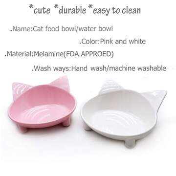 Lorde Cat Bowls, BPA Free Melamine, Double Wide Cat Dish Set of 2, Whisker Fatigue Relief, 8 oz Capacity, Non-Slip, Dishwasher Safe, White/Pink