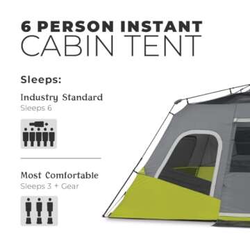 CORE 6 Person Instant Cabin Tent | Portable Large Pop Up Tent with Easy 60 Second Camp Setup for Family Camping | Included Hanging Organizer for Outdoor Camping Accessories