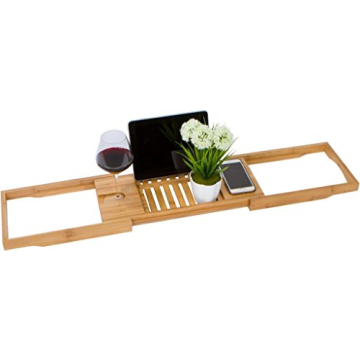 Adjustable Bamboo Bath Caddy with Wine Holder - 28" Tan