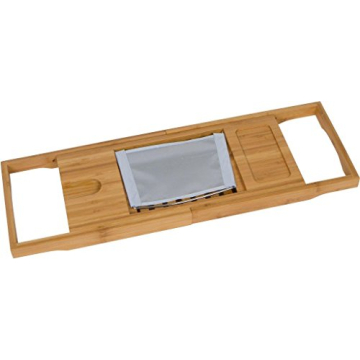 Adjustable Bamboo Bath Caddy with Wine Holder - 28" Tan