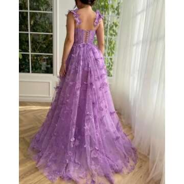 Tulle Prom Dresses 3D Butterfly Appliques Black Long for Women Corset Aline Embroidered for Women Formal Evening Party Dresses 2024 with Slit US0