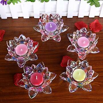 OwnMy 4.5 Inch Crystal Lotus Candle Tealight Holder, Glass Candle Lamps Holder Night Light Candlestick with Gift Box for Altar windowsill Home Decor Christmas Wedding Party (Rainbow)