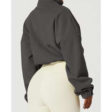 QINSEN Women's Full Zip Fleece Short Jacket Warm Winter Long Sleeve Stand Collar Sherpa Crop Coat Dark Grey S