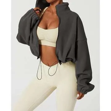 QINSEN Women's Full Zip Fleece Short Jacket Warm Winter Long Sleeve Stand Collar Sherpa Crop Coat Dark Grey S