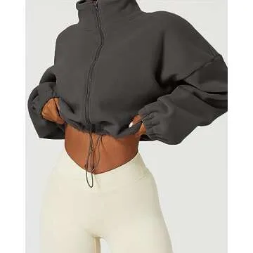 QINSEN Women's Full Zip Fleece Short Jacket Warm Winter Long Sleeve Stand Collar Sherpa Crop Coat Dark Grey S