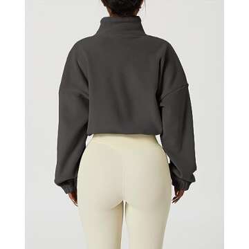 QINSEN Women's Full Zip Fleece Short Jacket Warm Winter Long Sleeve Stand Collar Sherpa Crop Coat Dark Grey S