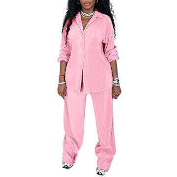 kaimimei Women's 2 Piece Casual Outfits Long Sleeve Button Down Shirt High Waist Long Pants Loungewe...