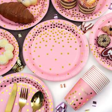 Pink and Gold Party Supplies 150PCS Golden Dot Paper Party Dinnerware Includes Paper Plates, Napkins...