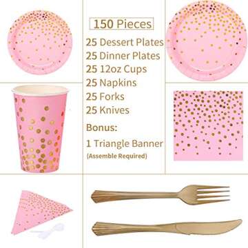 Pink Gold Party Supplies 150PCS for 25 Guests