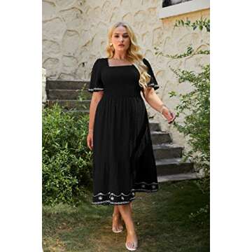 Glamaker Women's Plus Size Summer Casual Short Sleeve Smocked Square Neck A Line Flowy Midi Dress Lo...