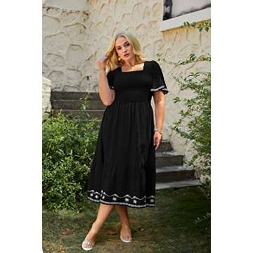 Glamaker Women's Plus Size Summer Casual Short Sleeve Smocked Square Neck A Line Flowy Midi Dress Long Dress Black 2XL