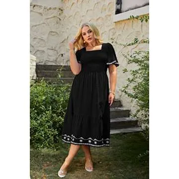 Glamaker Women's Plus Size Summer Casual Short Sleeve Smocked Square Neck A Line Flowy Midi Dress Long Dress Black 2XL