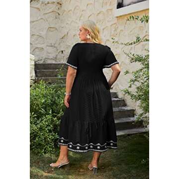 Glamaker Women's Plus Size Summer Casual Short Sleeve Smocked Square Neck A Line Flowy Midi Dress Long Dress Black 2XL