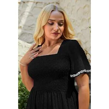 Glamaker Women's Plus Size Summer Casual Short Sleeve Smocked Square Neck A Line Flowy Midi Dress Long Dress Black 2XL