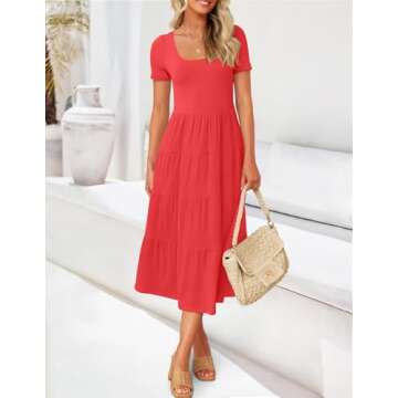 ZESICA Women's Summer Casual T Shirt Dress Short Sleeve Scoop Neck Flowy Tiered Beach Midi Dresses w...