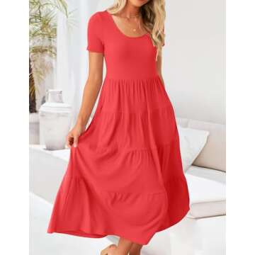 ZESICA Women's Summer Casual T Shirt Dress Short Sleeve Scoop Neck Flowy Tiered Beach Midi Dresses with Pockets,Watermelon,Large