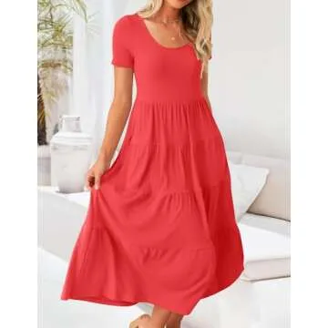 ZESICA Women's Summer Casual T Shirt Dress Short Sleeve Scoop Neck Flowy Tiered Beach Midi Dresses with Pockets,Watermelon,Large