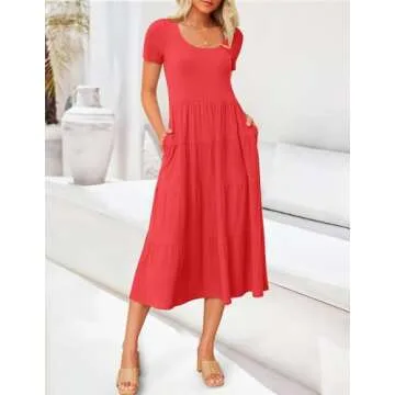 ZESICA Women's Summer Casual T Shirt Dress Short Sleeve Scoop Neck Flowy Tiered Beach Midi Dresses with Pockets,Watermelon,Large