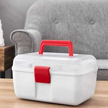 MyGift 10 Inch Multipurpose Portable White Plastic Storage Box with Removable Tray, Clear Lid and and Red Handle and Latch Lock, Home First Aid Storage Tool Box Sewing Kit Organizer Carrying Case
