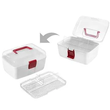 MyGift 10 Inch Multipurpose Portable White Plastic Storage Box with Removable Tray, Clear Lid and and Red Handle and Latch Lock, Home First Aid Storage Tool Box Sewing Kit Organizer Carrying Case
