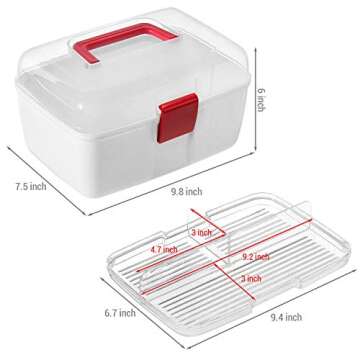 MyGift 10 Inch Multipurpose Portable White Plastic Storage Box with Removable Tray, Clear Lid and and Red Handle and Latch Lock, Home First Aid Storage Tool Box Sewing Kit Organizer Carrying Case