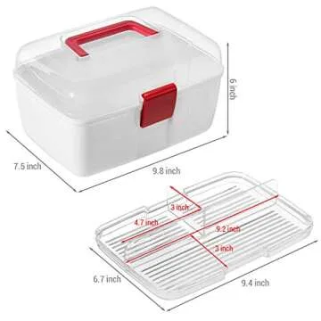 MyGift 10 Inch Multipurpose Portable White Plastic Storage Box with Removable Tray, Clear Lid and and Red Handle and Latch Lock, Home First Aid Storage Tool Box Sewing Kit Organizer Carrying Case