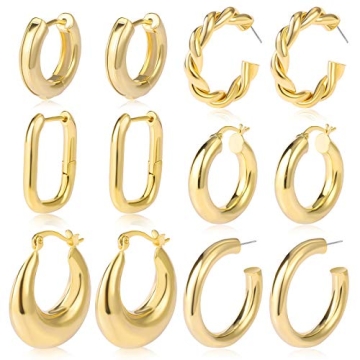 Chunky Gold Hoop Earrings Set - 14K Plated, Hypoallergenic