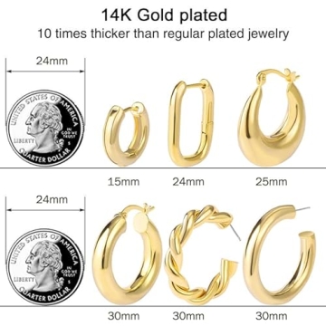 Chunky Gold Hoop Earrings Set - 14K Plated, Hypoallergenic