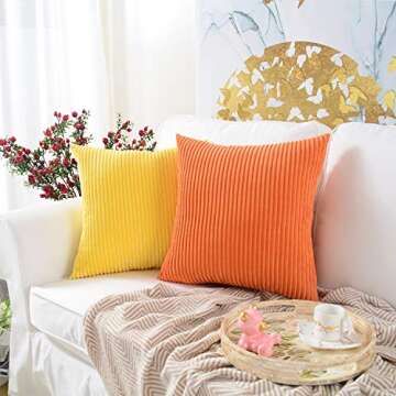 MERNETTE Pack of 2, Corduroy Soft Decorative Square Throw Pillow Cover Cushion Covers Pillowcase, Home Decor Decorations for Sofa Couch Bed Chair 18x18 Inch/45x45 cm (Striped Orange)