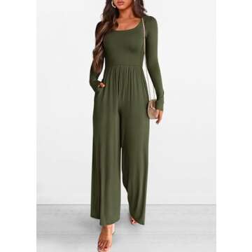 KIRUNDO Women's 2025 Spring Fall Long Sleeve Wide Leg Jumpsuits Casual Dressy One Piece Square Neck Long Romper Pockets