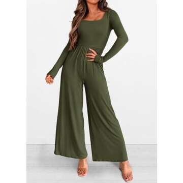 KIRUNDO Women's 2025 Spring Fall Long Sleeve Wide Leg Jumpsuits Casual Dressy One Piece Square Neck Long Romper Pockets