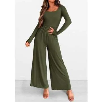 KIRUNDO Women's 2025 Spring Fall Long Sleeve Wide Leg Jumpsuits Casual Dressy One Piece Square Neck Long Romper Pockets