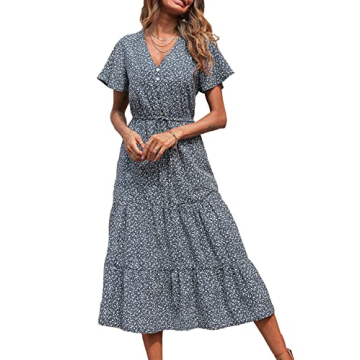 PRETTYGARDEN Women's Floral Boho Dress Casual Short Sleeve V Neck Ruffle Tiered 2023 Summer Swing Maxi Dresses