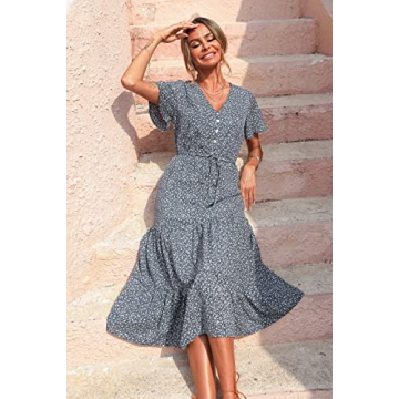 PRETTYGARDEN Women's Floral Boho Dress Casual Short Sleeve V Neck Ruffle Tiered 2023 Summer Swing Maxi Dresses