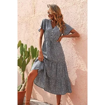 PRETTYGARDEN Women's Floral Boho Dress Casual Short Sleeve V Neck Ruffle Tiered 2023 Summer Swing Maxi Dresses