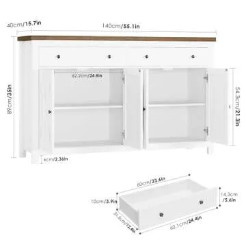 FOTOSOK Sideboard Buffet Cabinet with Storage, 55" Large Kitchen Storage Cabinet with 2 Drawers and 4 Doors, Wood Coffee Bar Cabinet Buffet Table Console Cabinet for Kitchen Dining Room, White