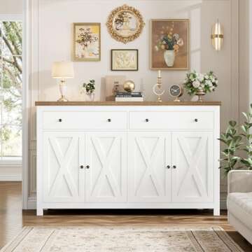 FOTOSOK Sideboard Buffet Cabinet with Storage, 55" Large Kitchen Storage Cabinet with 2 Drawers and 4 Doors, Wood Coffee Bar Cabinet Buffet Table Console Cabinet for Kitchen Dining Room, White