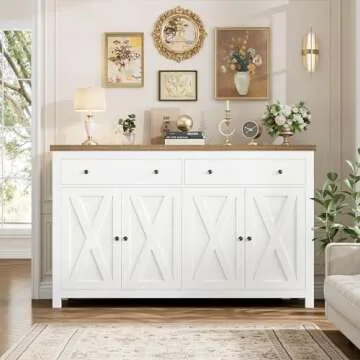 FOTOSOK Sideboard Buffet Cabinet with Storage, 55" Large Kitchen Storage Cabinet with 2 Drawers and 4 Doors, Wood Coffee Bar Cabinet Buffet Table Console Cabinet for Kitchen Dining Room, White