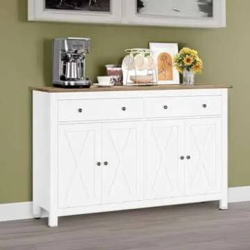FOTOSOK Sideboard Buffet Cabinet with Storage, 55" Large Kitchen Storage Cabinet with 2 Drawers and 4 Doors, Wood Coffee Bar Cabinet Buffet Table Console Cabinet for Kitchen Dining Room, White