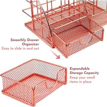 Rose Gold Desk Accessories for Women Office Decor, All in 1 Organizer 6C, File, Pen, Stationery, Ros...